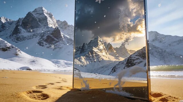 Surreal monolith mirror reflecting mountains on a sandy beach