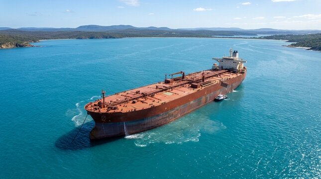 Very Large Crude Carrier VLCC tanker at anchor in a blue ocean bay, aerial drone shot, no faces, no text, no logos, oil shipping concept for maritime brand or energy editorial, commercial use