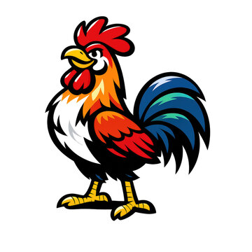 Rooster standing proud with colorful feather and bold cartoon style