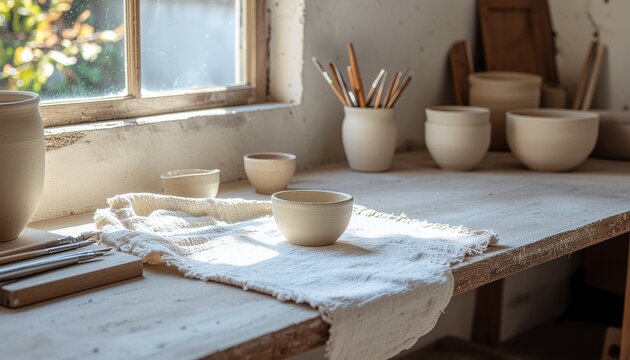 陶芸工房の朝｜自然光の作業台と素焼きの器