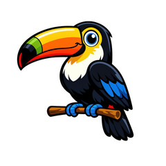 Fototapeta premium Toucan bird perched on branch with colorful wing and large beak in cartoon style, isolated on transparent background