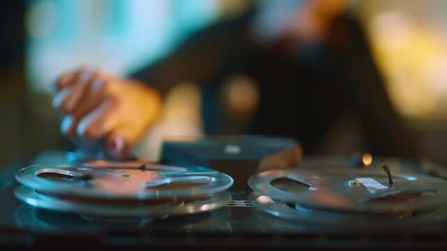 Tape recorder with spinning spools recording audio. Person speaking into a microphone. Selective focus shifting from the person to the device