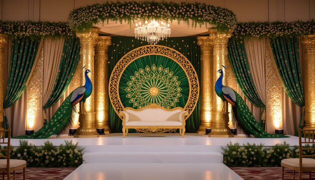 Regal wedding stage with peacock motifs, jewel tones, emerald and gold decor