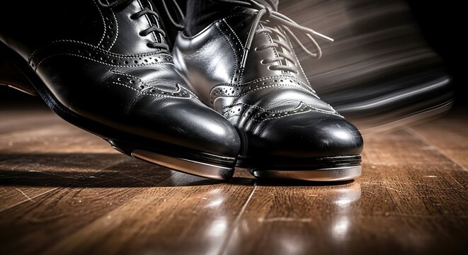 Close-up of black tap dance shoes with metal taps on a wooden floor