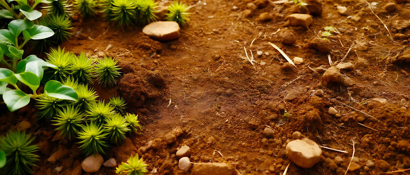 Close-up of rich, dark soil with small green plants, tiny mushrooms, and pebbles, highlighting a fertile ground for new life, forest floor