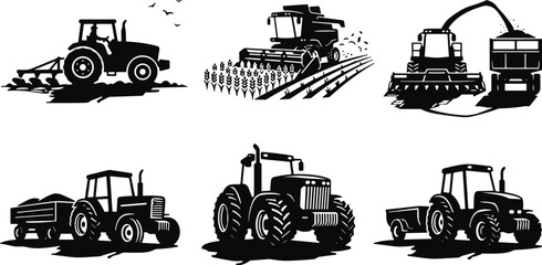 Agricultural machinery silhouettes set, tractor and harvester farming equipment illustration, rural agriculture vehicles collection, heavy farm transport design elements © Ponkaj