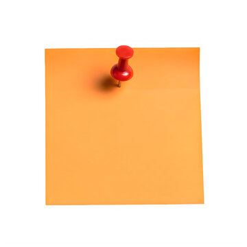 Bright yellow sticky note pinned with red pushpin on orange background isolated on transparent background