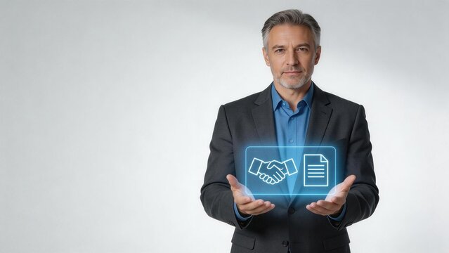 Businessman holding digital handshake icon