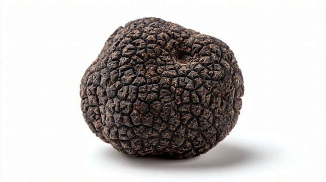Close-up of a whole black truffle on white background