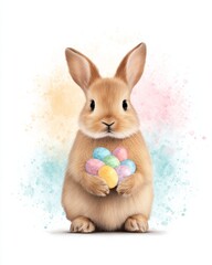 Obraz premium Cute bunny holding colorful easter eggs whimsical background digital illustration cheerful atmosphere close-up view