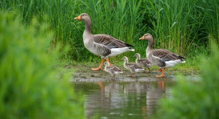 Fototapeta premium Greylag Goose Family - Goslings with Parents by the Waters Edge.