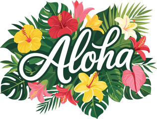 Aloha tropical lettering with vibrant hibiscus flowers and palm leaves, exotic botanical summer illustration, floral vector design for island vacation greeting © Ponkaj
