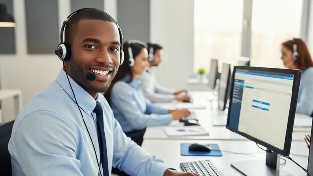 A diverse group of customer service representatives working together on computers