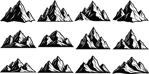 Mountain silhouettes collection with detailed peaks, nature landscape illustration set, outdoor adventure concept, black vector design for hiking and travel themes © Nayan Stock
