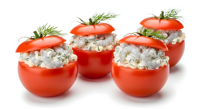 Fresh red tomatoes stuffed with creamy grey North Sea shrimp, isolated on white. Perfect for fresh appetizer concepts