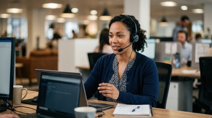 Fototapeta premium Medium shot of a customer service agent on a headset guiding a client through policy cancellation steps with blurred office background highlighting focused interaction.