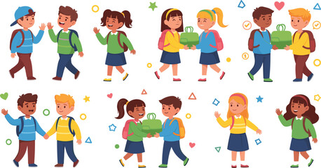 School children friendship set with kids walking, sharing and giving gifts, happy classmates interaction and social bonding vector illustration collection © MdAbdul