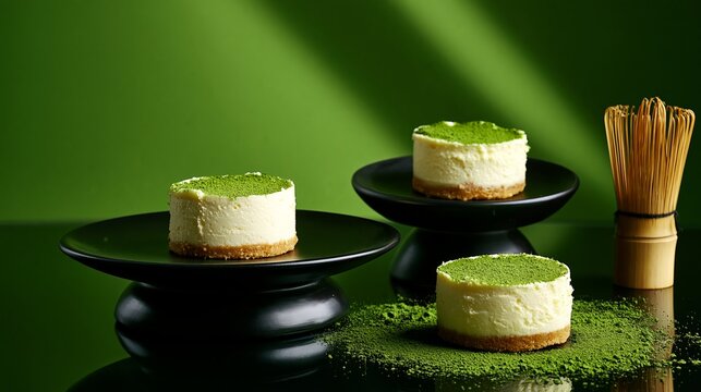 Matcha cheesecake desserts on black plates with green matcha powder and bamboo whisk, set against a vibrant green background for a modern culinary presentation