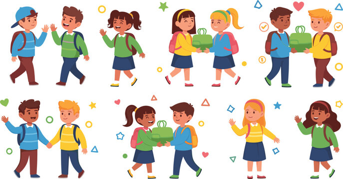 School children friendship set with kids walking, sharing and giving gifts, happy classmates interaction and social bonding vector illustration collection