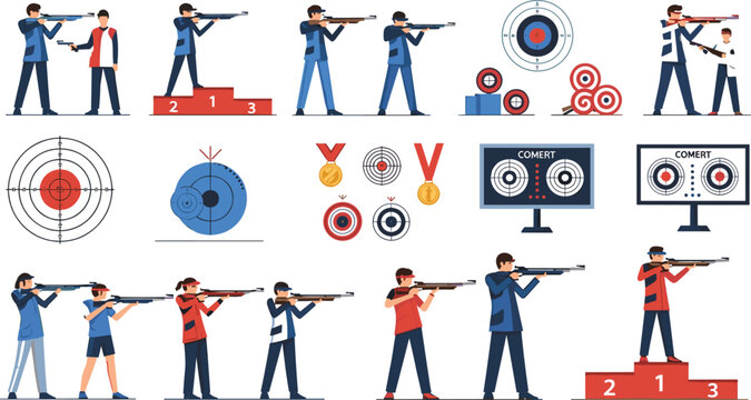 Shooting range sports set with rifle athletes, targets and competition elements, marksmanship training and precision shooting vector illustration collection