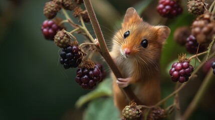 Fototapeta premium Adorable Small Mouse Among Blackberries