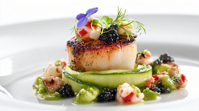 Pan-seared scallop with cucumber, caviar, and microgreens garnish