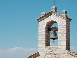 Obraz premium Stone Bell Tower with Green Bell Under Clear Blue Sky