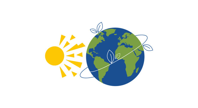 A stylized illustration of Earth rotating on its axis with leaves orbiting around it, symbolizing eco-friendly harmony with the sun in a simplistic modern art style for environmental concept