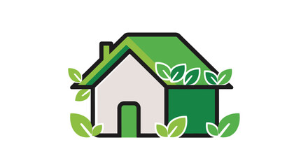 Fototapeta premium Eco-friendly house with green roof and solar panel, minimalist flat design, sustainable living concept, environmentally friendly home icon, green technology symbol