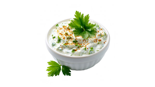 Fresh bowl of tzatziki sauce garnished with parsley and spices