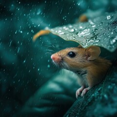 Fototapeta premium Mouse Seeking Shelter from Rainy Weather