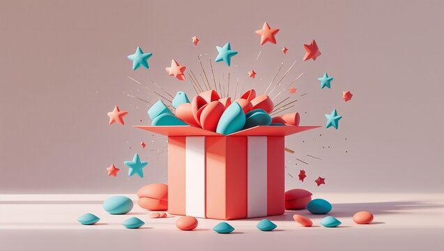 Open gift box with stars and colorful gems bursting out, value proposition and customer delight concept