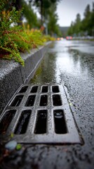Fototapeta premium rainy street scene with storm drain.