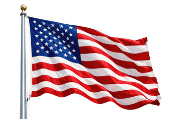 Obraz premium Waving American Flag on a Pole with Red, White, and Blue Stripes and Stars Against a Bright Sky isolated PNG with Transparent Background