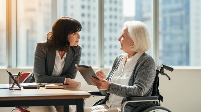 A woman in an office setting helps a senior woman in a wheelchair use a tablet computer