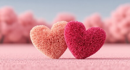 Obraz premium Valentine's Day concept with love symbols, three decorative hearts, and birds soaring on a pink background