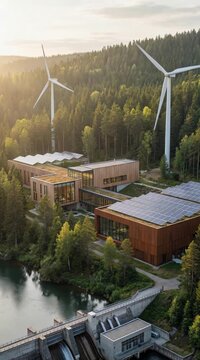Modern sustainable buildings with wind turbines integrated into a green natural environment