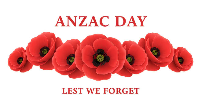 Anzac day poppy flowers with lest we forget text on white background