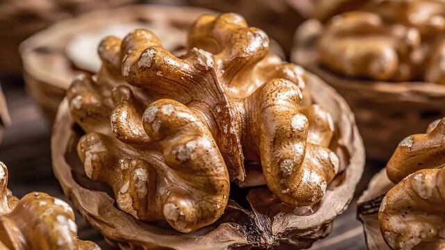 Close-up view of a delicious walnut kernel in its shell.