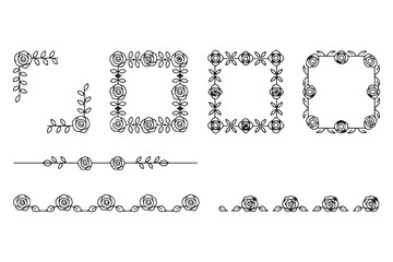 Fototapeta premium Decorative Floral Rose Border and Frame Set in Black and White Line Art