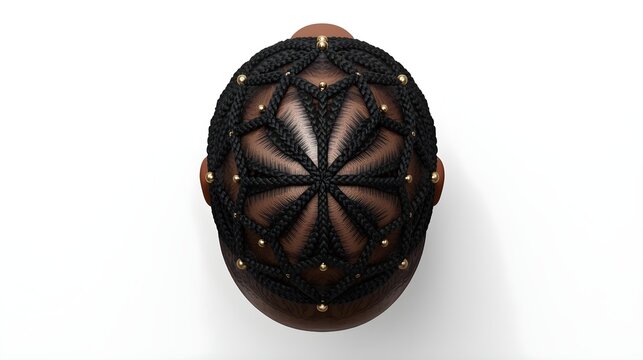 Top view of intricate mandala cornrow pattern with gold beads, precise geometric design, isolated on white background studio lighting.