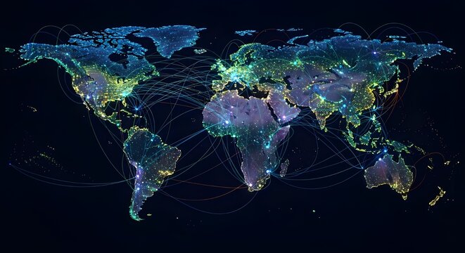 Detailed world map at night showing city lights and global flight paths with colorful data transmission lines map