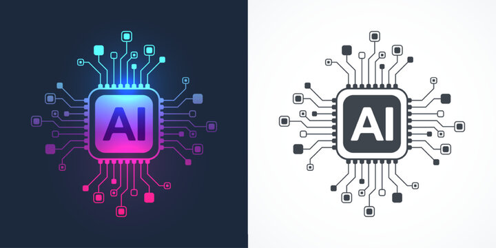 Modern handmade vector icon, sign, logo circuit line style in the Artificial intelligence concept. Set AI processor icon flat design. Motherboard digital chip AI.