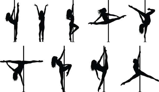 Set of elegant pole dancer silhouettes featuring various acrobatic poses and flexible movements isolated on white background for fitness dance studio and performance arts