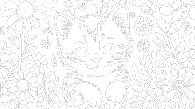 Vector illustration of a cute kitten in a floral background