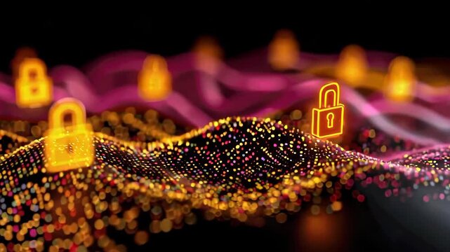 Holographic Waves with Cyber Security Icons Representing Digital Protection and Safety Concepts