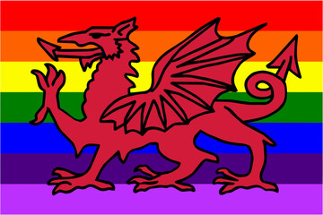 Fototapeta premium Rainbow Welsh dragon illustration on pride flag background