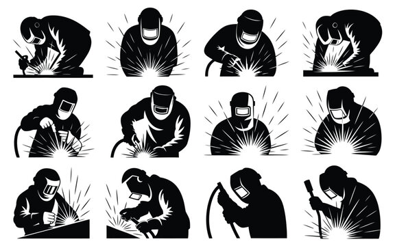 Silhouettes of skilled welders working with intense sparks flying in dynamic industrial scenes showcasing various welding techniques and postures in a bold high contrast black
