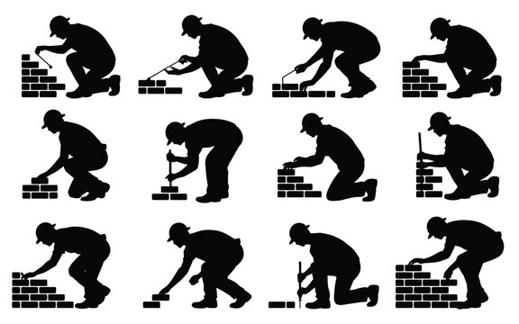 Silhouettes of workers laying bricks in various positions depicting construction labor and teamwork in a minimalist style