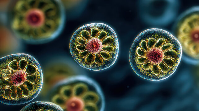 Captivating green marine phytoplankton cell organism floating under microscope biology observation showing calm natural detail